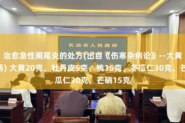 治愈急性阑尾炎的处方(出自《伤寒杂病论》--大黄牡丹皮汤) 大黄20克，牡丹皮5克，桃15克，冬瓜仁30克，芒硝15克