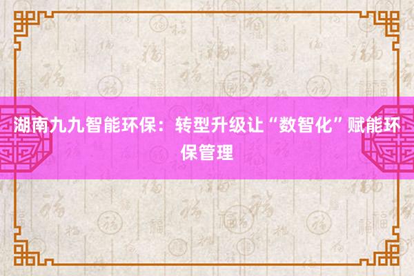 湖南九九智能环保：转型升级让“数智化”赋能环保管理